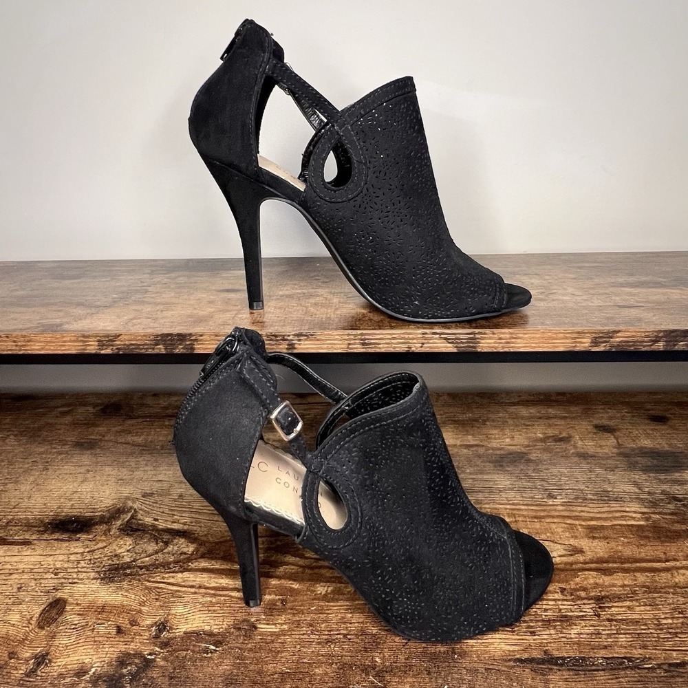 LC Caramel High Heel Lauren Conrad Black Peep Toe Laser Cut Out Ankle Womens 8.5